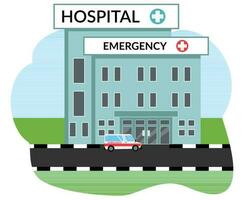 ilustración hospital edificio y ambulancia vector