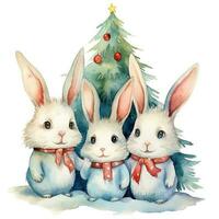 Watercolor cute three bunnies ubder christmas tree. Illustration AI Generative photo
