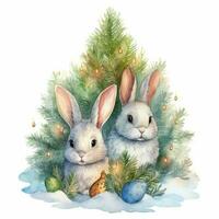 Watercolor cute three bunnies ubder christmas tree. Illustration AI Generative photo