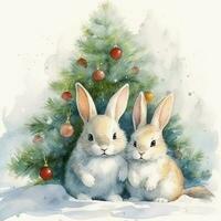 Watercolor cute three bunnies ubder christmas tree. Illustration AI Generative photo