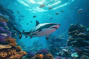Coral reef landscape and tiger shark. Illustration AI Generative photo