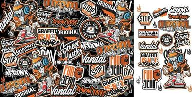 A set of colorful sticker art designs of skateboard illustrations in graffiti style. Graffiti sticker design artwork vector