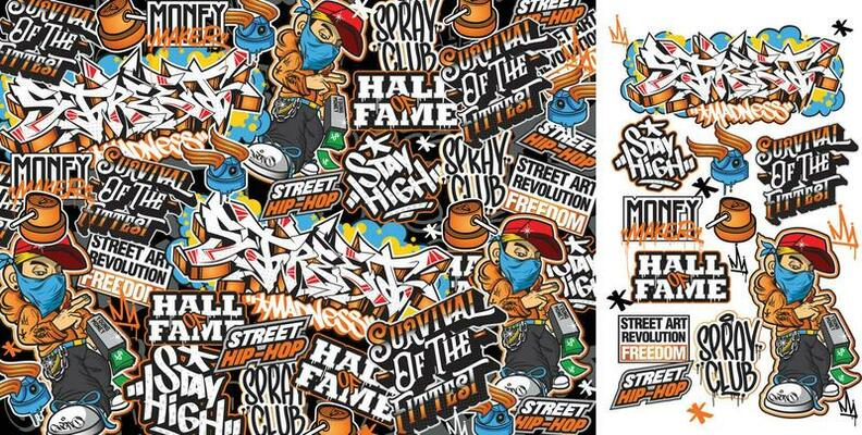 A set of colorful graffiti art sticker illustrations. Graffiti sticker design artwork
