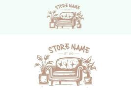 Furniture company logo design hand drawing style with two plants on both sides of sofa vector