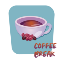 Coffee break sticker. Cute cartoon cup with coffee beans illustration. Coffee break banner png