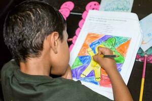inteligente indio pequeño chico dibujo con vistoso lapices equipo de varios colores durante el verano vacaciones, linda indio niño dibujar vistoso dibujo en de madera mesa foto