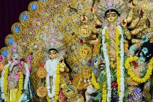 Goddess Durga with traditional look in close up view at a South Kolkata Durga Puja, Durga Puja Idol, A biggest Hindu Navratri festival in India photo