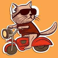 Digital art of a cool cat with sunglasses riding a motorcycle. Cartoon character of a kitty biker riding a motor. vector