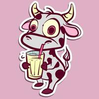 Digital art of a quirky animal character drinking milk from a glass. Vector of a funny cow sticker drinking lemonade with a straw