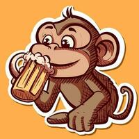 Digital art of a cartoon monkey drinking a beer. Vector of a mascot chimp holding a mug with an alcoholic beverage inside.