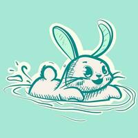 Digital art of a cute bunny swimming in a pool and splashing water. Vector of an adorable rabbit playing in the ocean