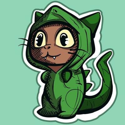 Digital art of a cute brown cat wearing a large dinosaur costume. Halloween mascot character of a kitty in a green dino suit going trick or treat.