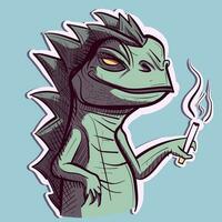 digital Arte de un verde iguana de fumar un cigarrillo. vector de un reptil dibujos animados personaje relajante