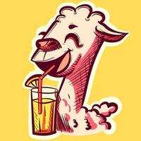 Digital art of a llama cartoon character sipping lemonade from a straw. Vector of an alpaca drinking a beverage from a glass.