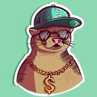 Digital art of a thug otter wearing a hip hop hat and a gold chain with the dollar sign. Cartoon character head of a weasel with sunglasses vector