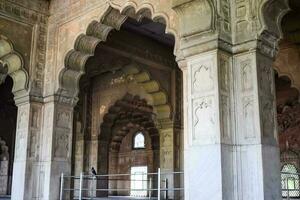 arquitectónico detalles de lal qila - rojo fuerte situado en antiguo Delhi, India, ver dentro Delhi rojo fuerte el famoso indio puntos de referencia foto