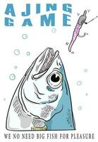 ajing game fishing vector, mackerel heads want to eat soft plastic lure,  with white background and bubbles. vector