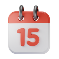 3d icono fecha 15 rojo calendario ilustración concepto icono hacer png