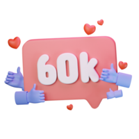 3d icon 60k like follow love social media illustration concept icon render png