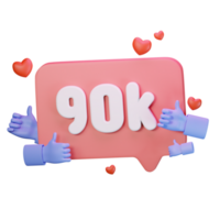 3d icon 90k like follow love social media illustration concept icon render png