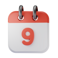 3d icône Date 9 rouge calendrier illustration concept icône rendre png