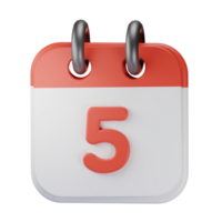 3d icon date 5 red calendar illustration concept icon render png