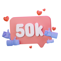 3d icône 50 000 comme suivre l'amour social médias illustration concept icône rendre png