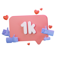 3d icon 1k like follow love social media illustration concept icon render png