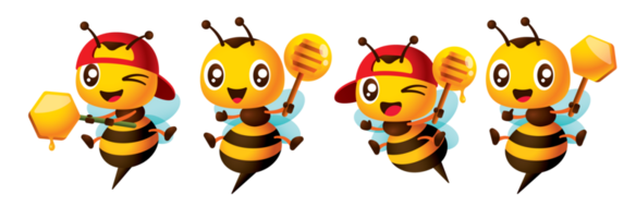 Cartoon cute bee mascot set with different poses holding honey dipper and honeycomb illustration png