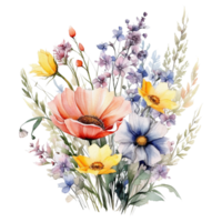 Süss Aquarell wild Blume Strauß, png transparent Hintergrund, isoliert, Nein Hintergrund, ai generativ