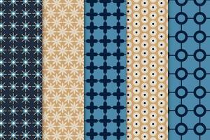 Seamless geometric pattern set decoration on dark and blue backgrounds. Modern fabric pattern design with simple strips and flower shapes. Endless pattern collection for backgrounds and book covers. vector