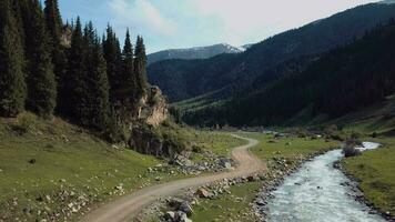 paesaggio di il fiume nel il verde valle di Kirghizistan, aereo Visualizza video