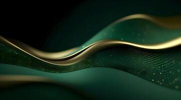 Abstract 3D luxury green color wave lines with shiny golden curved line decoration and glitter lighting on gradient dark background , photo