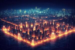 City and polygon connection with speed line technology. Illustration photo