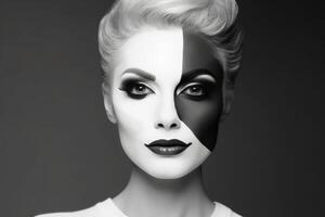 Portrait of a woman with a black and white makeup separating the face created with technology. photo