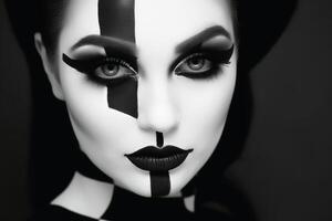 Portrait of a woman with a black and white makeup separating the face created with technology. photo