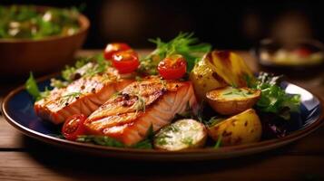 steak with fried potatoes and fresh vegetables. photo