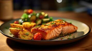 filete con frito patatas y Fresco vegetales. ai generado foto