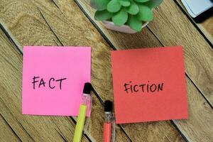 Concept of Fact or Opinion write on sticky notes isolated on Wooden Table. photo