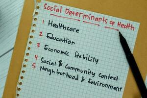 Concept of Social Determinants of Health write on paper book isolated on Wooden Table. photo