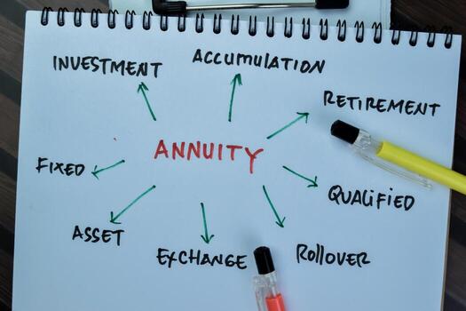 Concept of Annuity write on book with keyword isolated on Wooden Table. photo