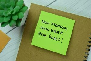 Concept of New Monday, New Week, New Goals write on sticky notes isolated on Wooden Table. photo