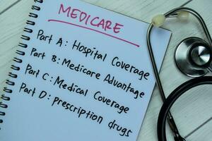 Concept of Medicare write on book with stethoscope isolated on Wooden Table. photo