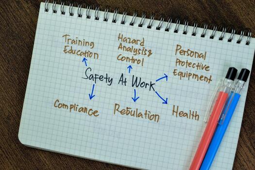 Concept of Safety at Work write on book with keywords isolated on Wooden Table. photo