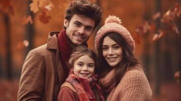 Happy beautiful autumn family. Illustration AI Generative photo