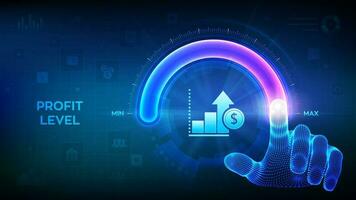 Increasing Profit Level. Wireframe hand is pulling up to the maximum position circle progress bar with the profit icon. Finance concept of profitability or return on investment. Vector illustration.