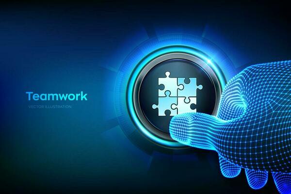 Teamwork button. Puzzle Team elements icon. Business Partnership concept. Global cooperation communication network. Closeup finger about to press a button with Teamwork sign. Vector illustration.