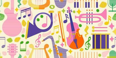 Seamless pattern for music festival. Bright background design with musical instruments. The pattern immerses you in summer, the atmosphere of holidays and music. vector