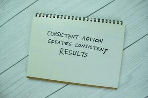Concept of Consisten Action Creates Consistent Results write on book isolated on Wooden Table. photo