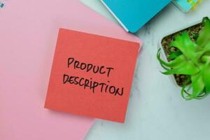 Concept of Product Description write on sticky notes isolated on Wooden Table. photo